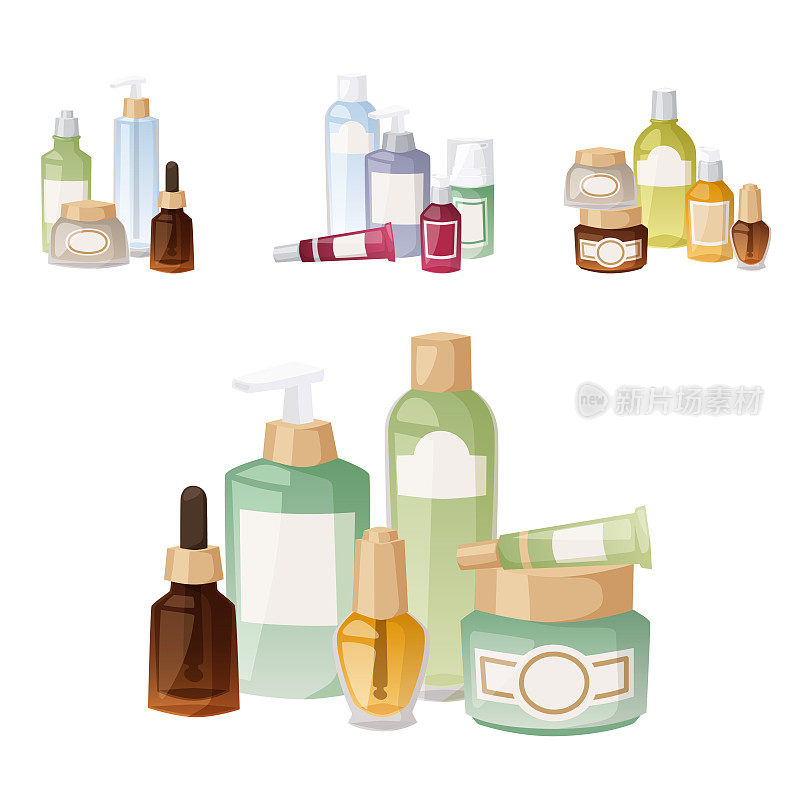 化妆品、美容护肤、美容护肤、美容塑料液体膏霜容器液体包装矢量插图