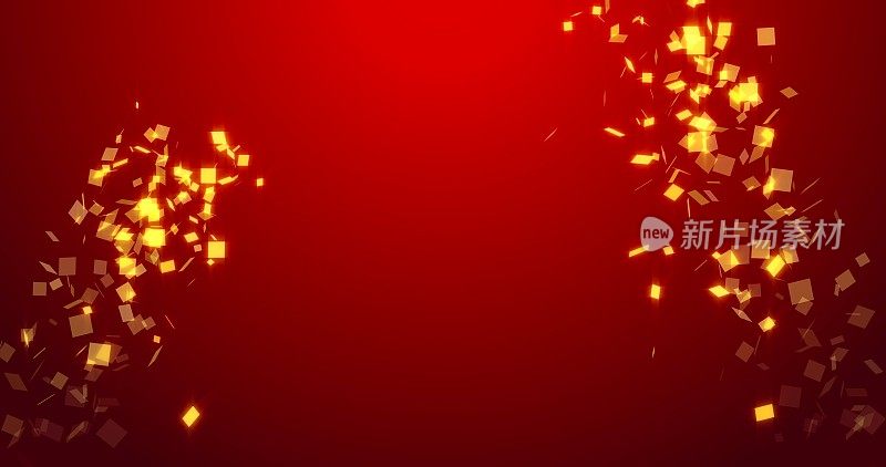金色的五彩纸屑在红色的新年背景上爆炸。无缝循环动画3D渲染，4K和alpha蒙版