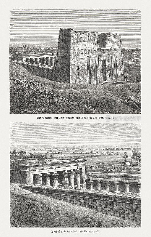 Edfu庙的历史观点，埃及，木刻，1879
