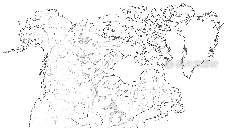 世界地图加拿大和北美地区:美国，阿拉斯加，加拿大，格陵兰岛，拉布拉多半岛，北极群岛，五大湖。有海洋海岸线，岛屿和河流的地理图表。