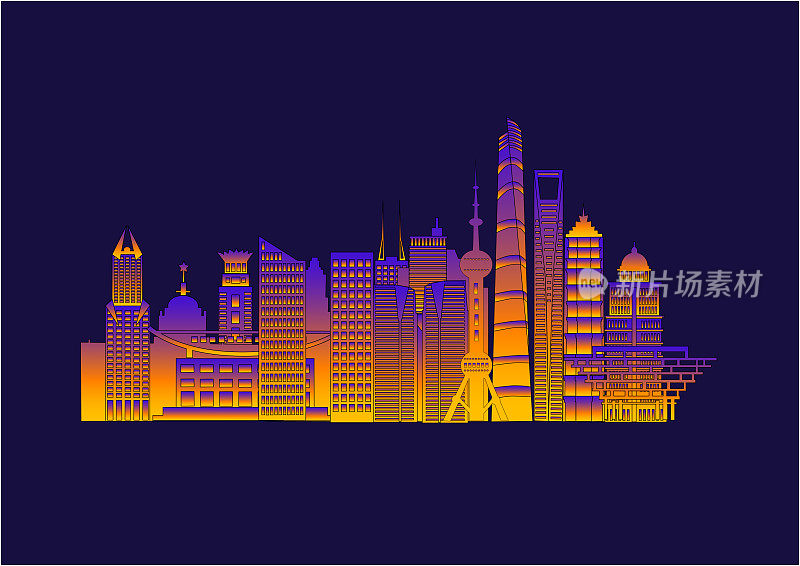 上海城市地标建筑的渐变矢量图