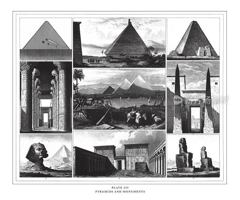 金字塔和纪念碑雕刻古董插图，出版于1851年