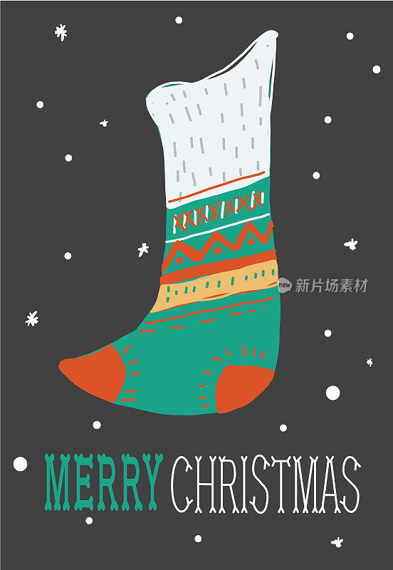 彩色手绘圣诞贺卡与圣诞袜