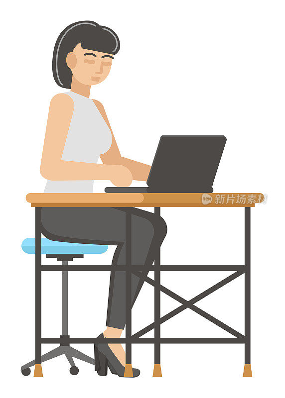 一个女人正坐在桌子旁用笔记本电脑工作。孤立在白色背景上。