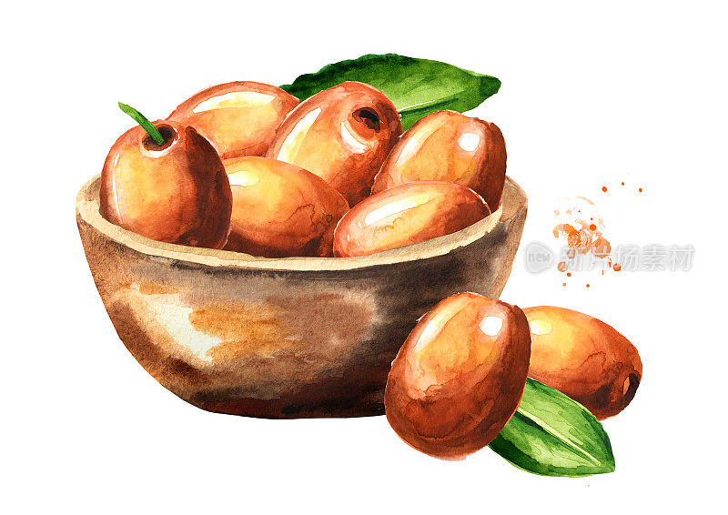 碗装新鲜水果，酸枣和绿叶。手绘水彩插图孤立的白色背景
