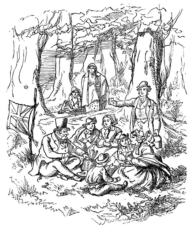 维多利亚时代的人们在树林里享受野餐