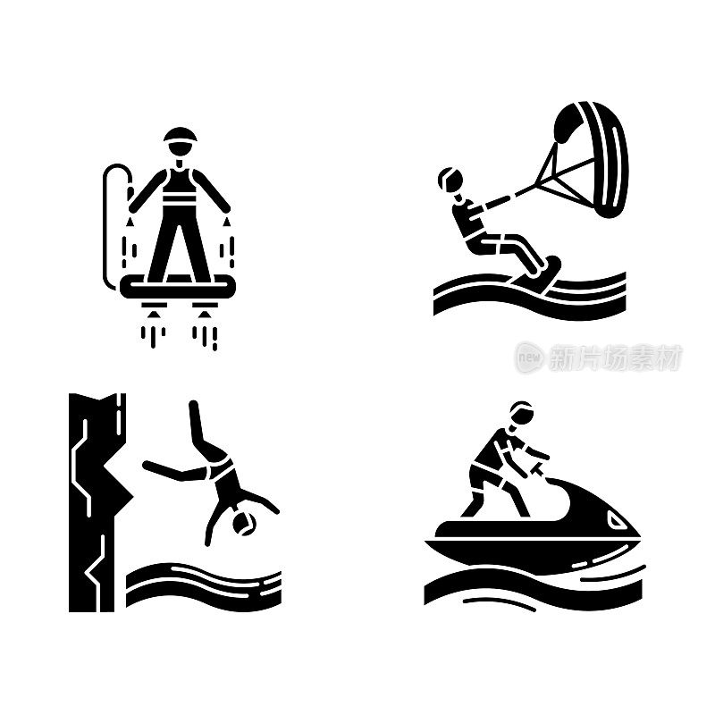 水上运动字形图标集。飞行滑板、风筝滑板、悬崖跳水和水上摩托。极限运动。海洋和海滩休闲。轮廓符号。向量孤立的插图