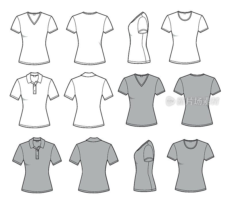 女人的t恤模板在前面，后面和侧面的观点。向量集时尚休闲服装为男士平面风格插图孤立在白色为设计