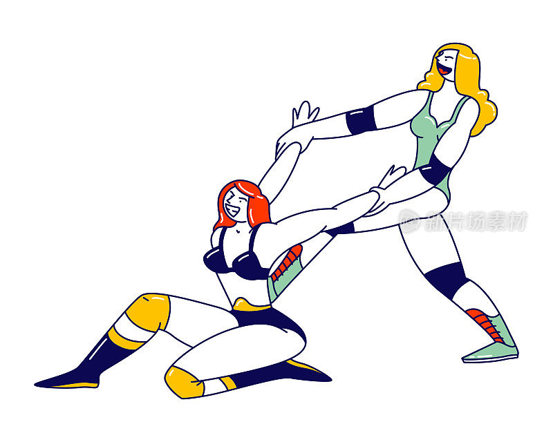 女性角色摔跤表演，职业竞技场格斗，运动格斗。女运动员在比赛中用手握住对手。希腊罗马式的战斗。线性人物矢量图