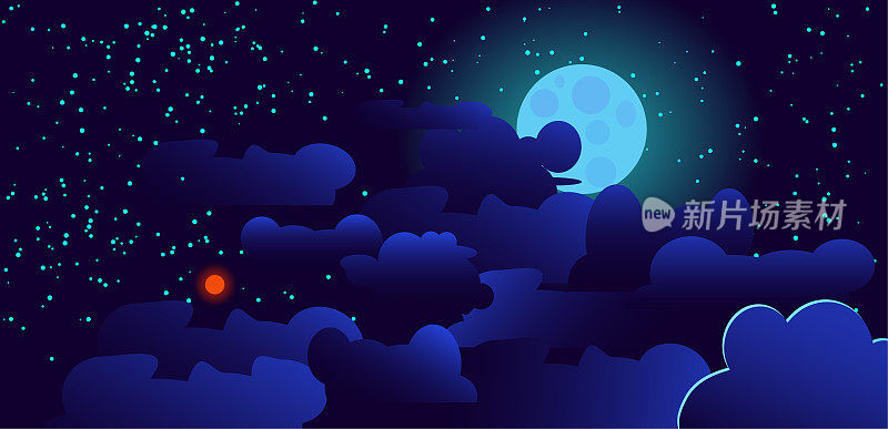 月亮，星星和云的剪影。