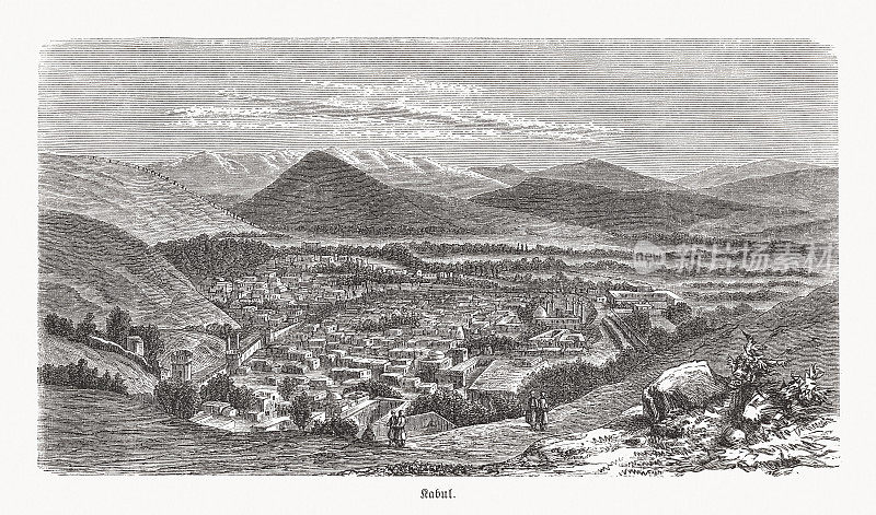 阿富汗喀布尔的历史观，木刻，出版于1893年