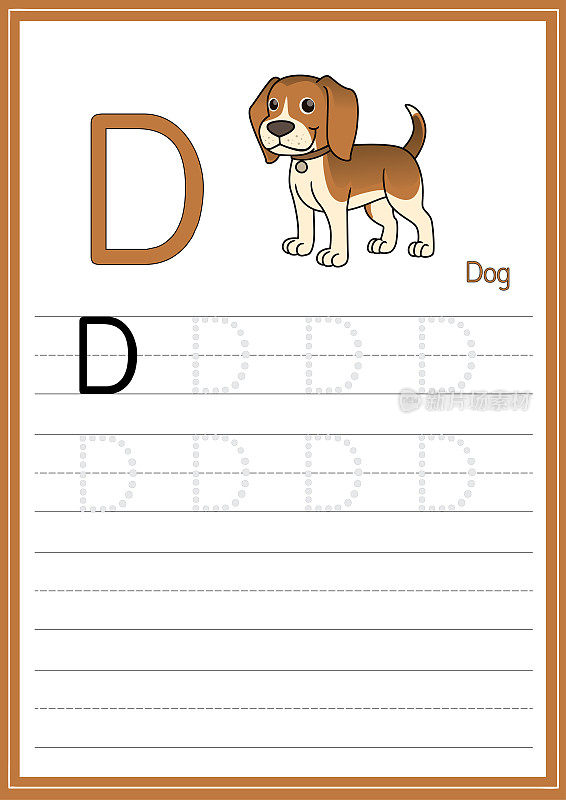 矢量图的狗孤立在一个白色的背景。用大写字母D作为教学和学习媒体，供儿童识别英文字母或供儿童学习写字母用于在家里和学校学习。