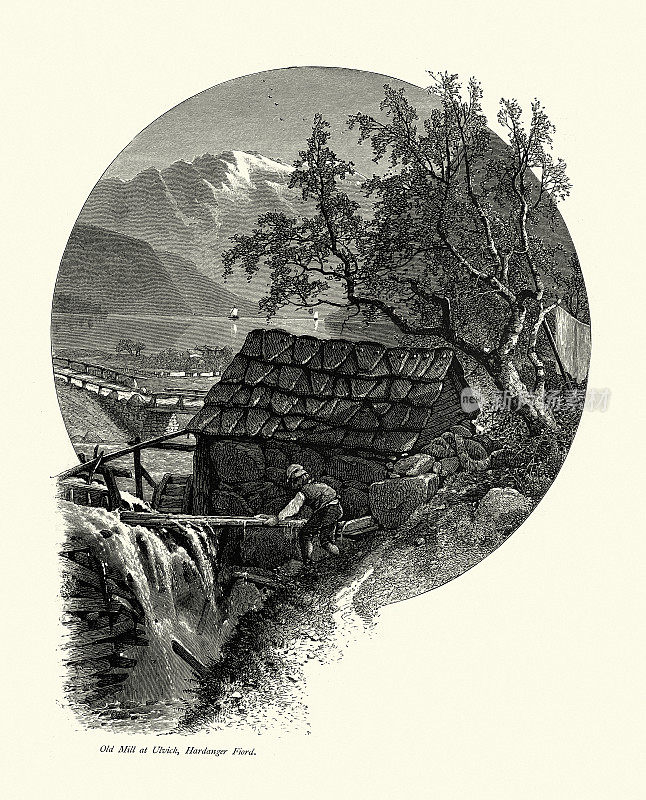 工人在老磨坊在乌尔维克，哈当厄峡湾，挪威，19世纪