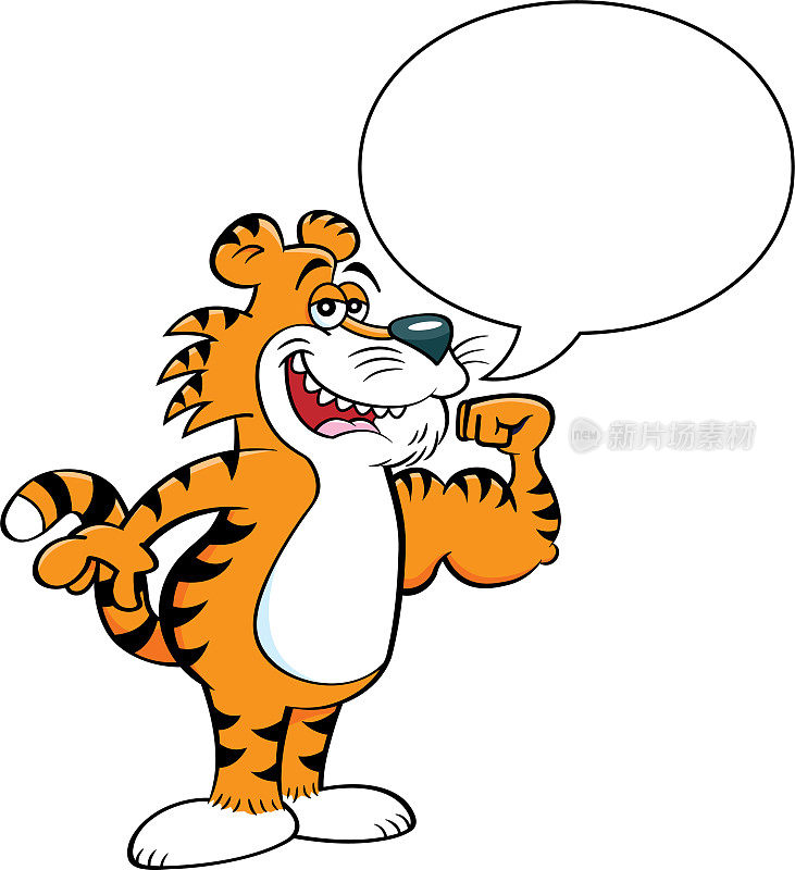 卡通微笑的老虎做肌肉与标题气球。