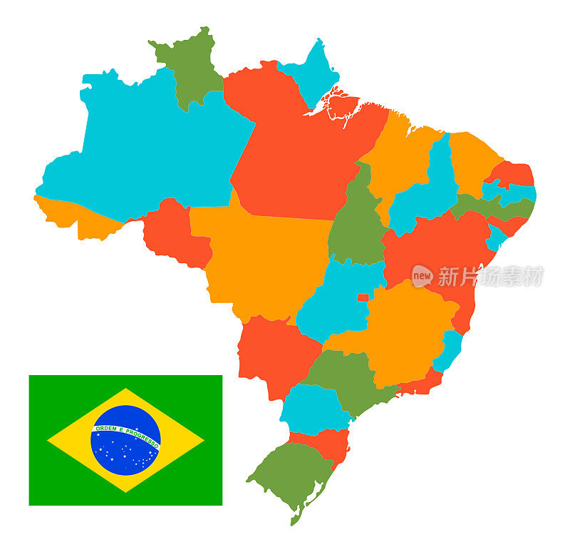 带有国旗的巴西地图。矢量图
