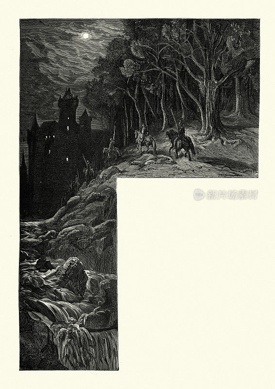 中世纪幻想中，寻物骑士在夜晚接近城堡