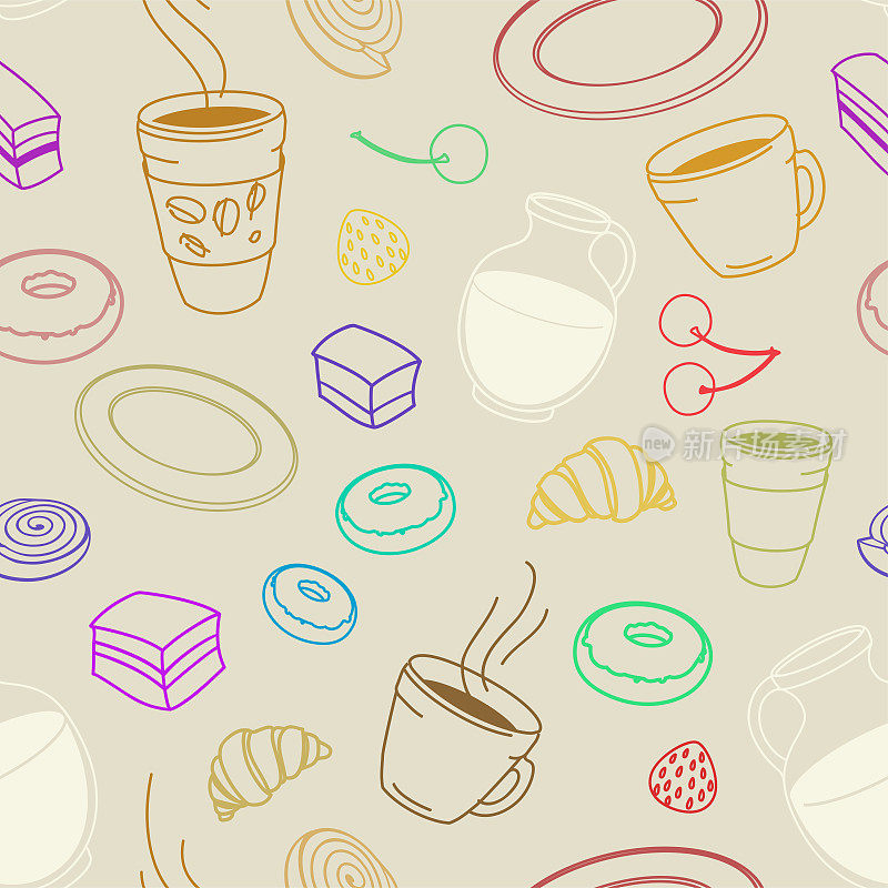 一套无缝的馅饼和甜点草图，象征着一家咖啡店