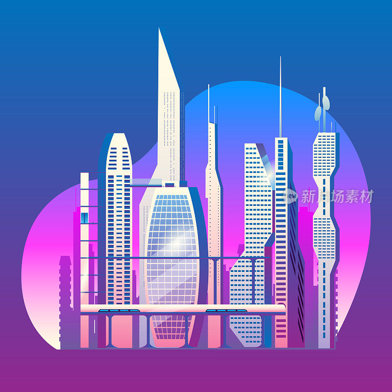 黎明时分的未来摩天大楼之城。
