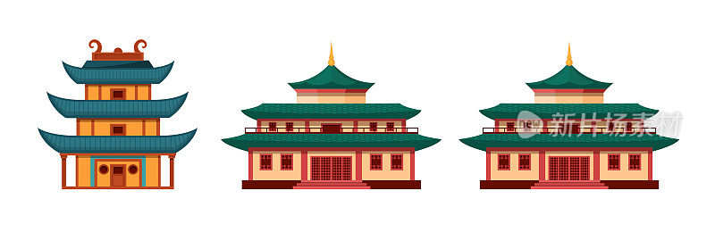 传统的中国建筑，亚洲建筑唐人街。有宝塔、寺庙、房子的中国小镇。中国城城地标景观，日本建筑建筑宫殿宝塔