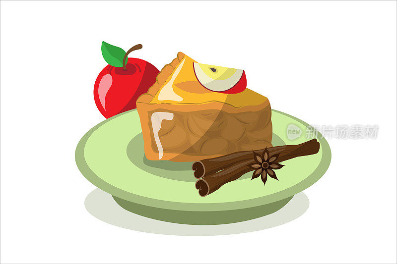 一块苹果派放在盘子里，配上苹果，肉桂，八角。美国传统派