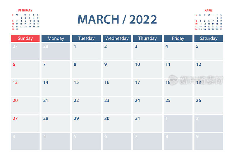 2022年三月日历规划向量模板。一周从周日开始