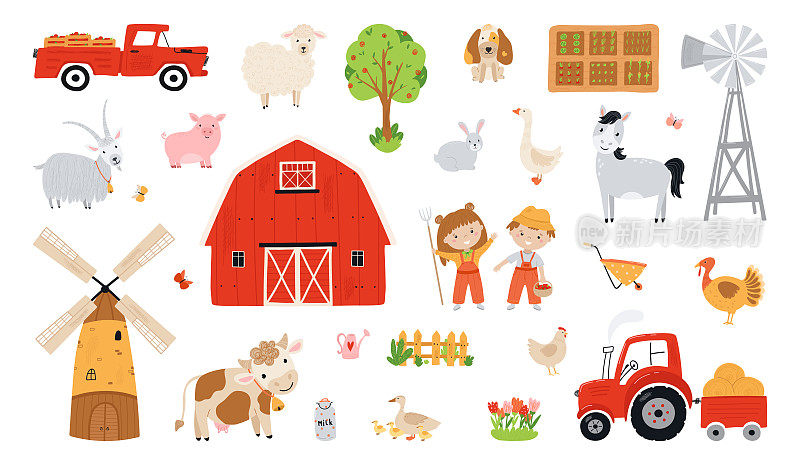 农场元素集。收集农场动物在一个扁平的风格。孩子们农民们正在收割庄稼。插图与宠物，孩子，磨坊，皮卡，谷仓，拖拉机孤立在白色背景。向量