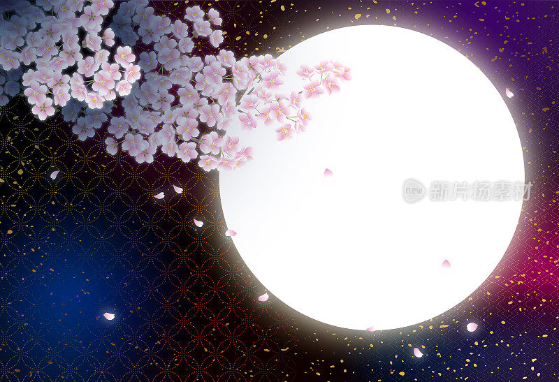 背景图像的樱花在晚上，月亮和日本图案