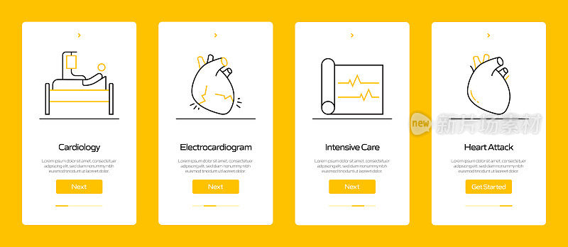 带图标的移动应用程序页面屏幕上的医疗保健和医疗概念。用户体验，用户界面设计模板矢量插图