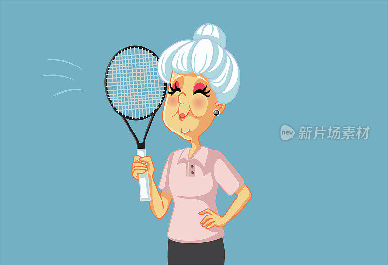 爱运动的奶奶拿着球拍打网球