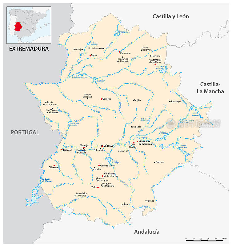 西班牙埃斯特雷马杜拉西班牙自治社区与主要城市的矢量地图
