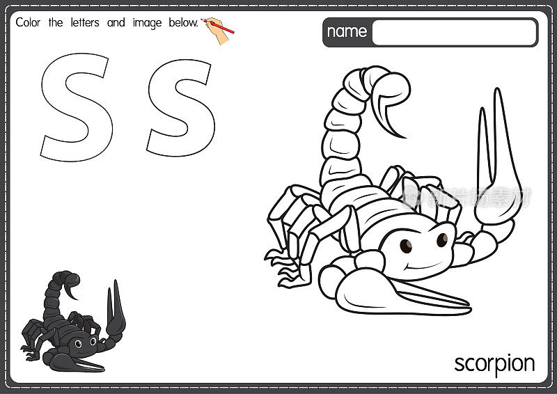 矢量插图的儿童字母着色书页与概述剪贴画，以颜色。字母S代表蝎子。