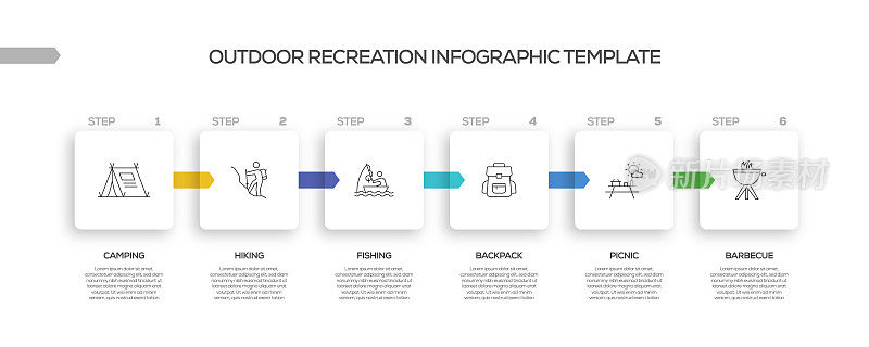 露营和户外娱乐相关的过程信息图表模板。过程时间图。带有线性图标的工作流布局