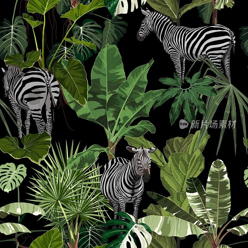 热带花叶，棕榈香蕉树，斑马野生动物花无缝图案的黑色背景。奇异的safari壁纸。