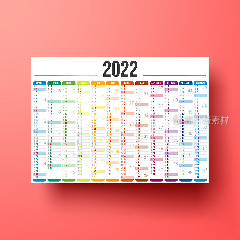 2022年法国日历被隔离在红色背景上