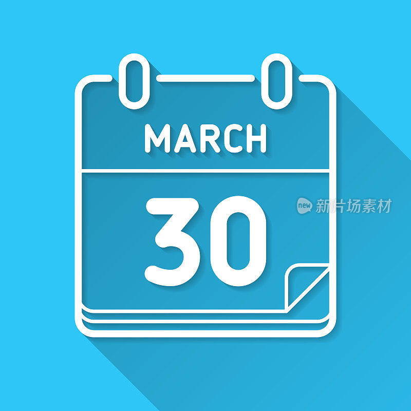 3月30日。蓝色背景上的图标-长阴影平面设计