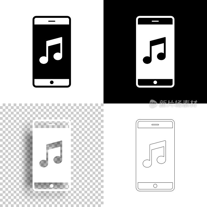音乐智能手机。图标设计。空白，白色和黑色背景-线图标