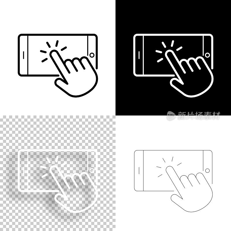 触摸屏智能手机。图标设计。空白，白色和黑色背景-线图标