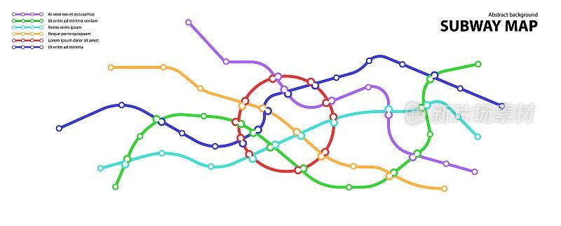 地铁地图。地下过渡道路虚拟城镇公共交通方案模板。地铁或公交以圆形彩色路线抽象交通模式。矢量卡插图设计。