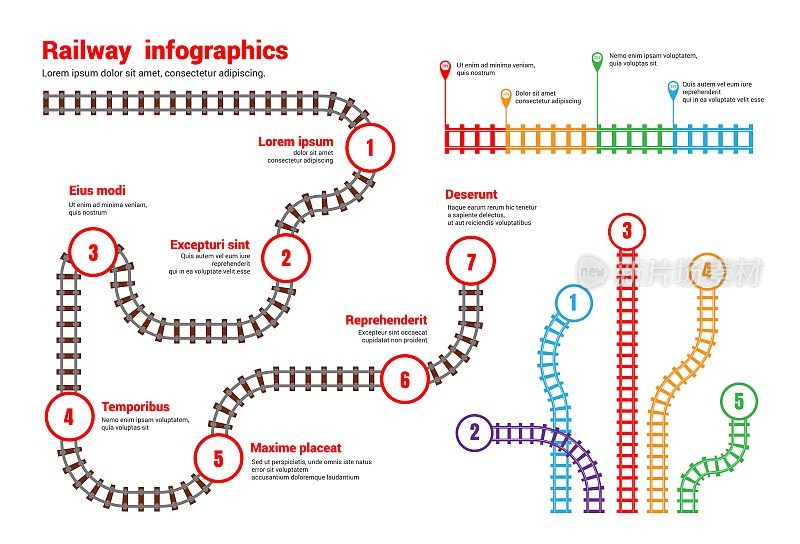 铁路信息图表。火车铁路计划。地铁和电车站俯视图地图。地下交通指南。彩色铁路图模板。地铁交通计划。矢量图