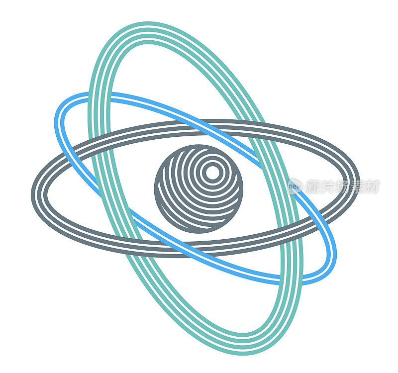 原子矢量符号在现代线性风格孤立白色，科学图标或标志的基本粒子，物理教育学习主题。