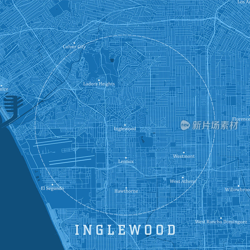 英格尔伍德CA城市矢量道路地图蓝色文本