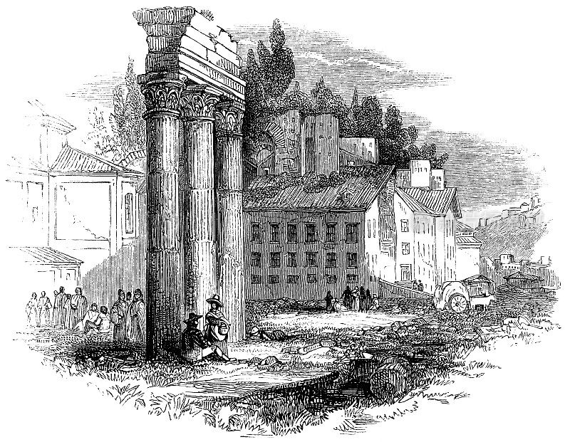19世纪，意大利罗马，罗马广场上的卡斯特和波鲁克斯神庙