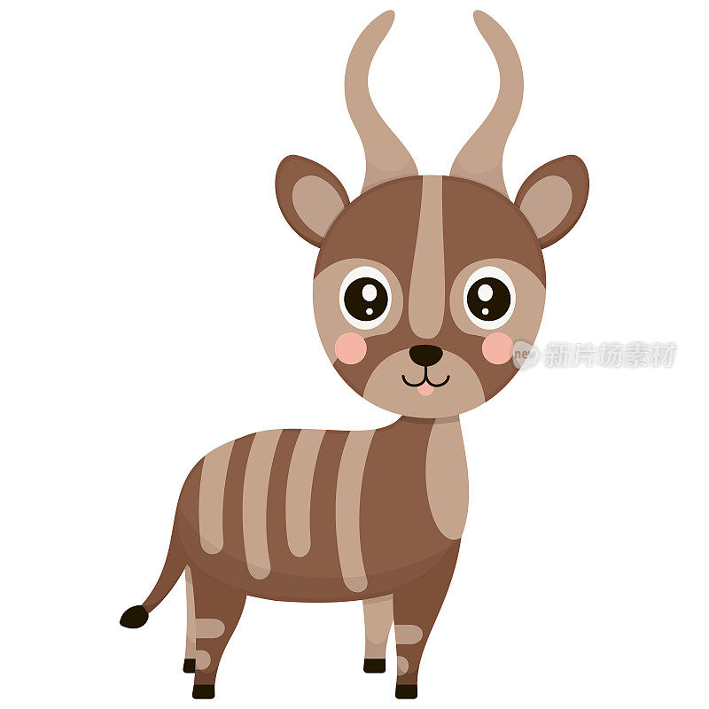 白色背景上红脸蛋的卡通小羚羊。非洲独角动物，用于印刷儿童t恤，贴纸。向量。