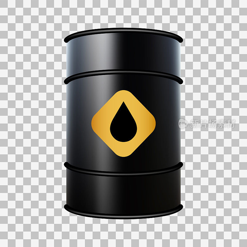 黑色油桶与标签下降，孤立透明的背景，现实的效果，矢量插图
