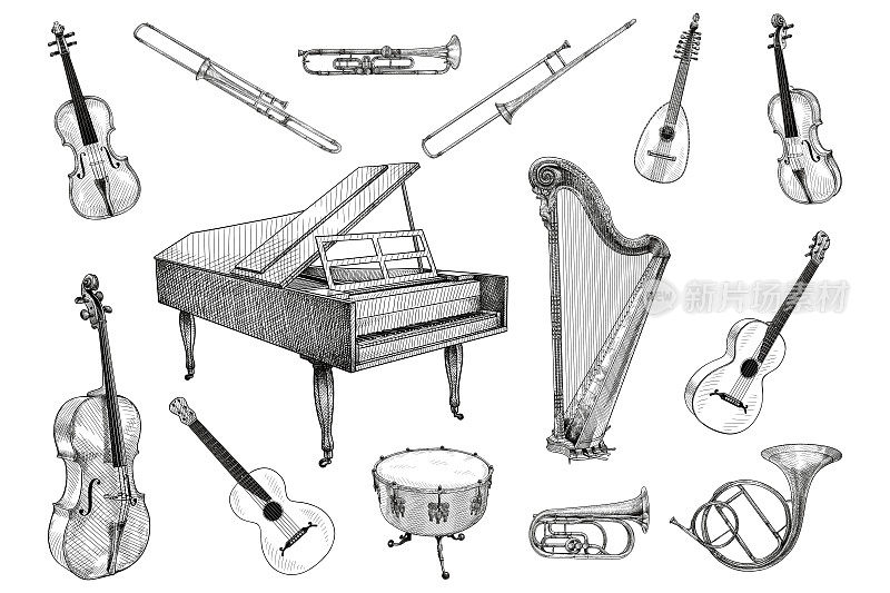 矢量图的各种乐器:小提琴，长号，小号，琵琶，钢琴，竖琴，大提琴，吉他，鼓，法国号