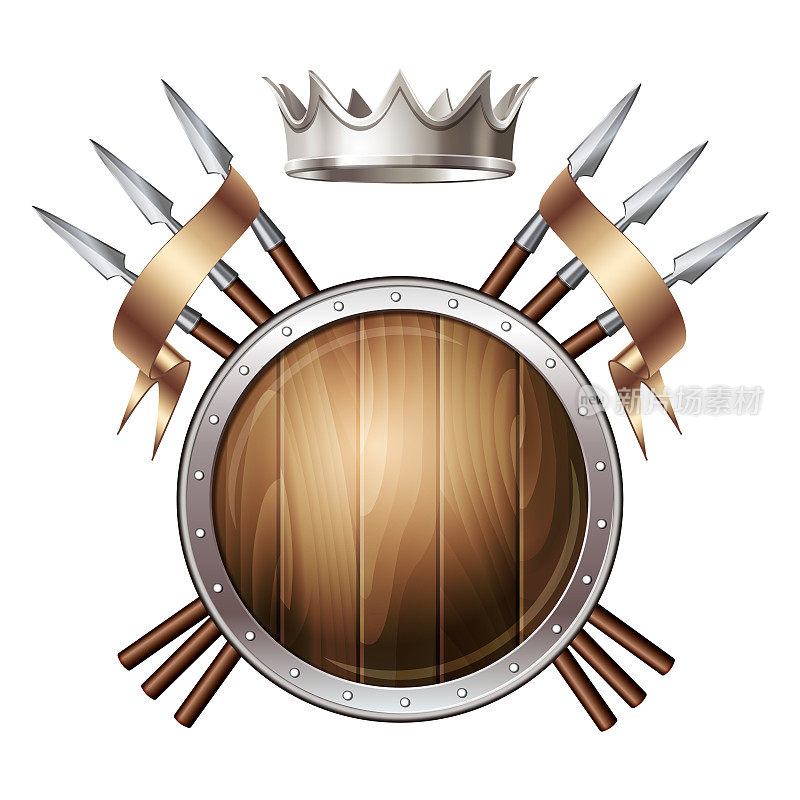 图形徽章组成的威严的皇冠，保护盾，交叉的矛和丝带。