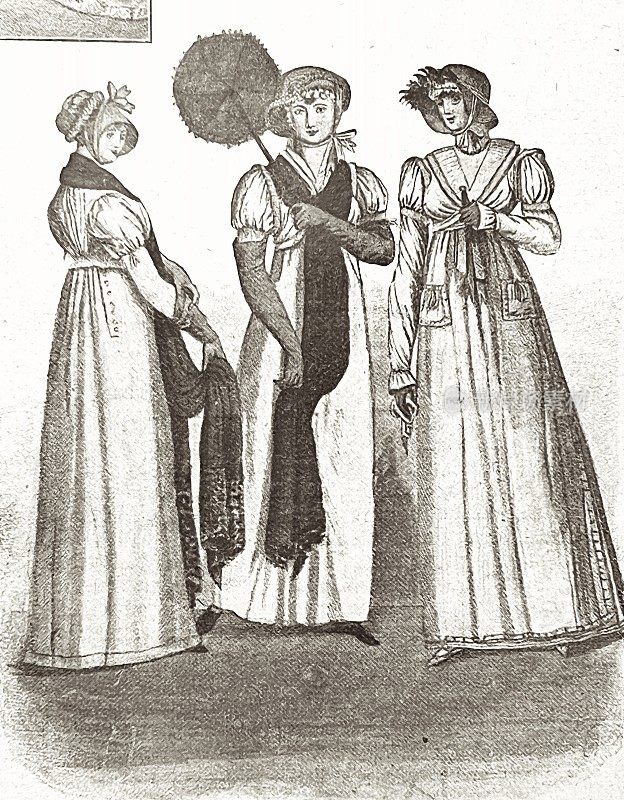 女性时尚，服装1803年，帝国，3名女性
