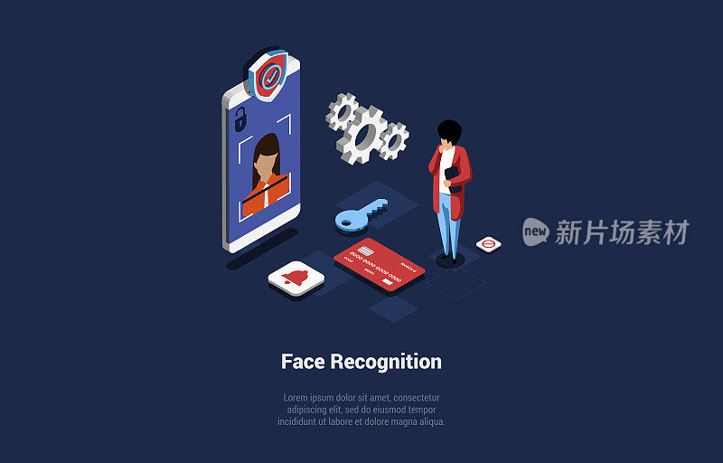 向量插图的人脸识别程序的概念。卡通风格的等距3D构图。黑色背景和写作。解锁手机或应用。人类站在现代设备附近