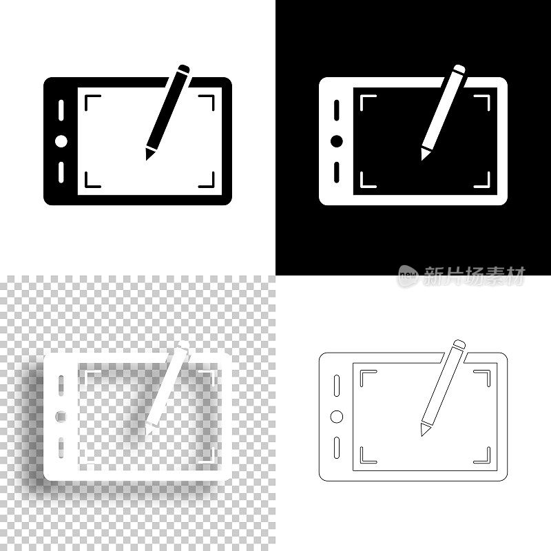 图形平板电脑。图标设计。空白，白色和黑色背景-线图标