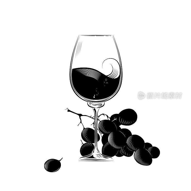 一杯葡萄酒和一串雕刻风格的葡萄。